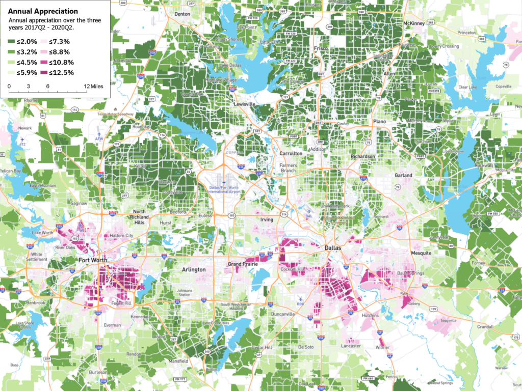 Map of annual appreciation in the Dallas / DFW area.